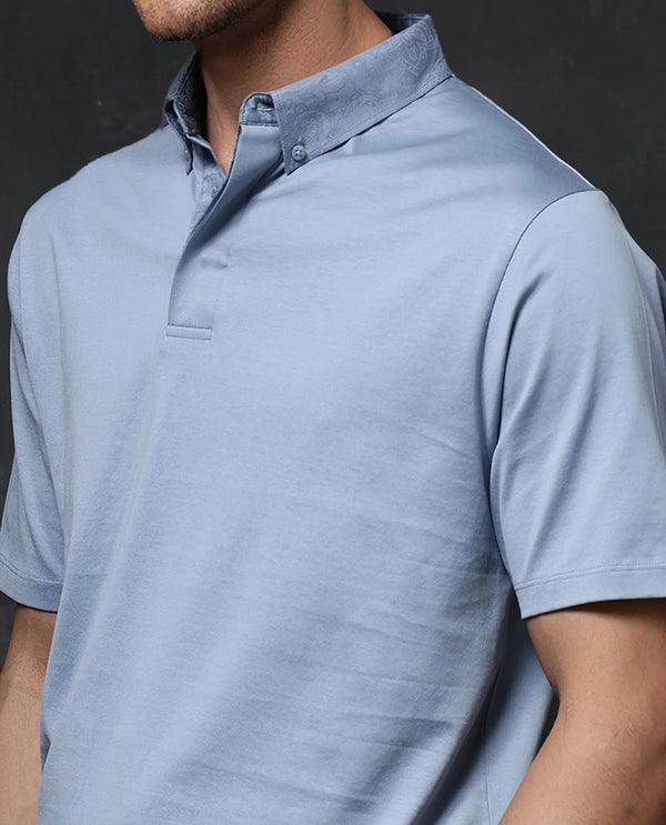 Rare Rabbit Men Clarence-1 Dusky Blue Short Sleeve Jacquard Detailing on Collar Button Closure Plain Polo T-Shirt