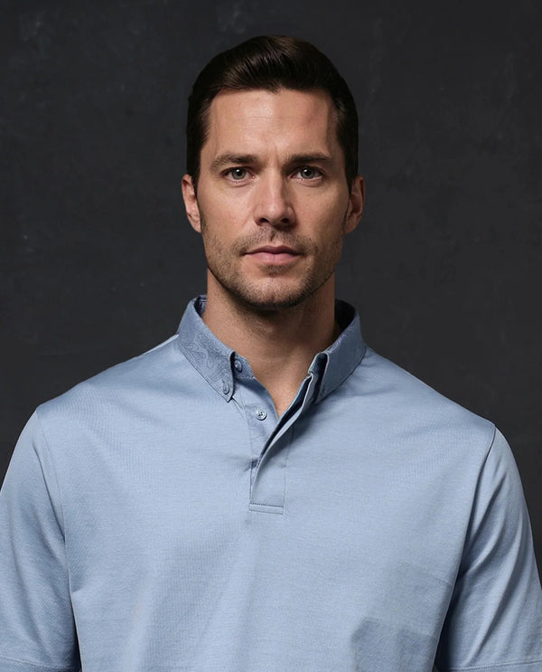 Rare Rabbit Men Clarence-1 Dusky Blue Short Sleeve Jacquard Detailing on Collar Button Closure Plain Polo T-Shirt