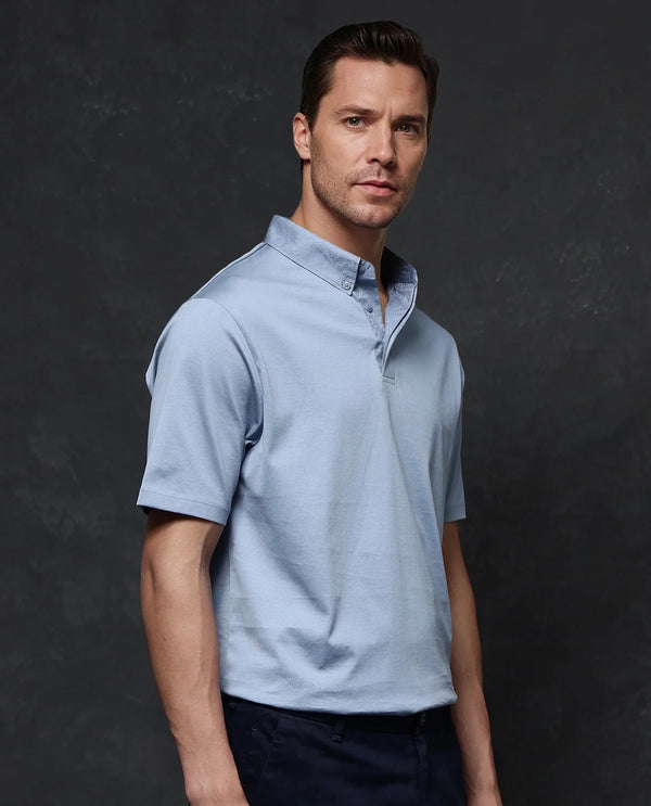 Rare Rabbit Men Clarence-1 Dusky Blue Short Sleeve Jacquard Detailing on Collar Button Closure Plain Polo T-Shirt