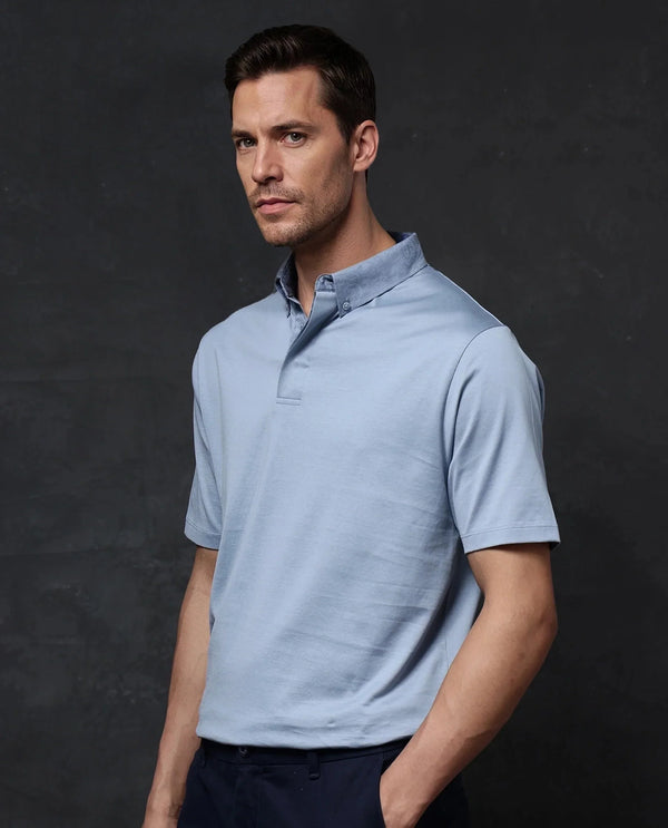 Rare Rabbit Men Clarence-1 Dusky Blue Short Sleeve Jacquard Detailing on Collar Button Closure Plain Polo T-Shirt