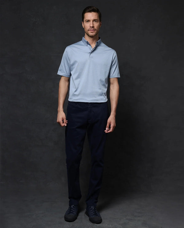 Rare Rabbit Men Clarence-1 Dusky Blue Short Sleeve Jacquard Detailing on Collar Button Closure Plain Polo T-Shirt