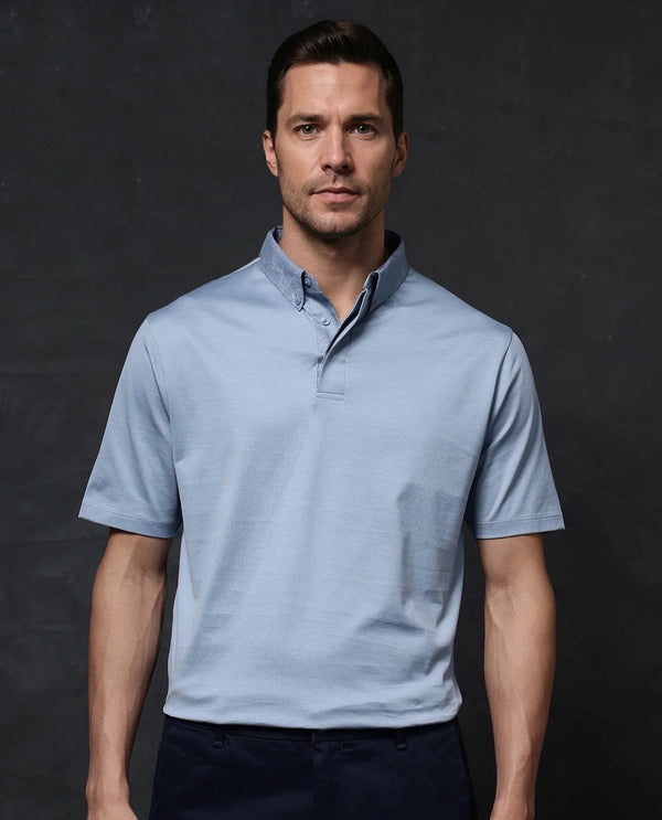 Rare Rabbit Men Clarence-1 Dusky Blue Short Sleeve Jacquard Detailing on Collar Button Closure Plain Polo T-Shirt