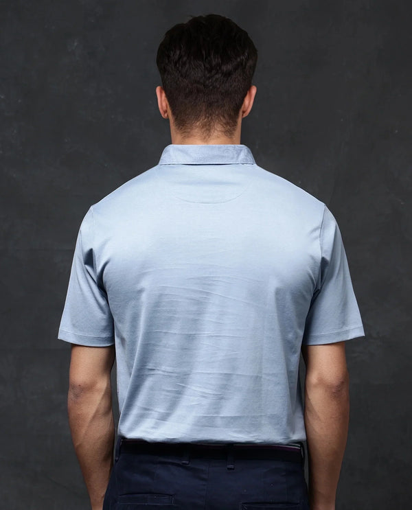 Rare Rabbit Men Clarence-1 Dusky Blue Short Sleeve Jacquard Detailing on Collar Button Closure Plain Polo T-Shirt