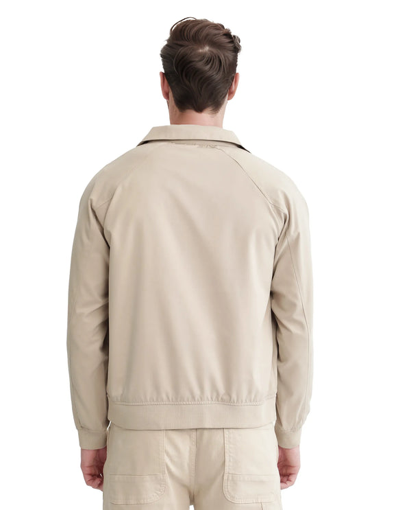 Rare Rabbit Men Clayon Beige Polyester Fabric Full Sleeve Embroidered Logo Spread Collar Solid Jacket
