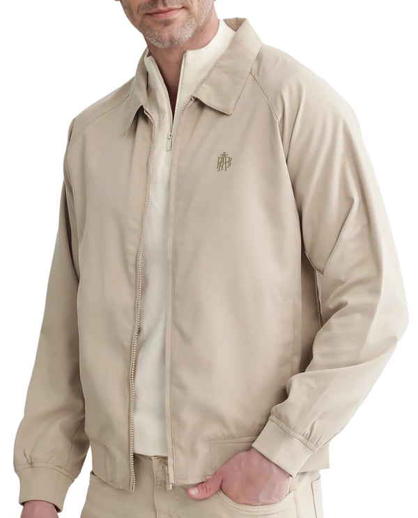 Rare Rabbit Men Clayon Beige Polyester Fabric Full Sleeve Embroidered Logo Spread Collar Solid Jacket