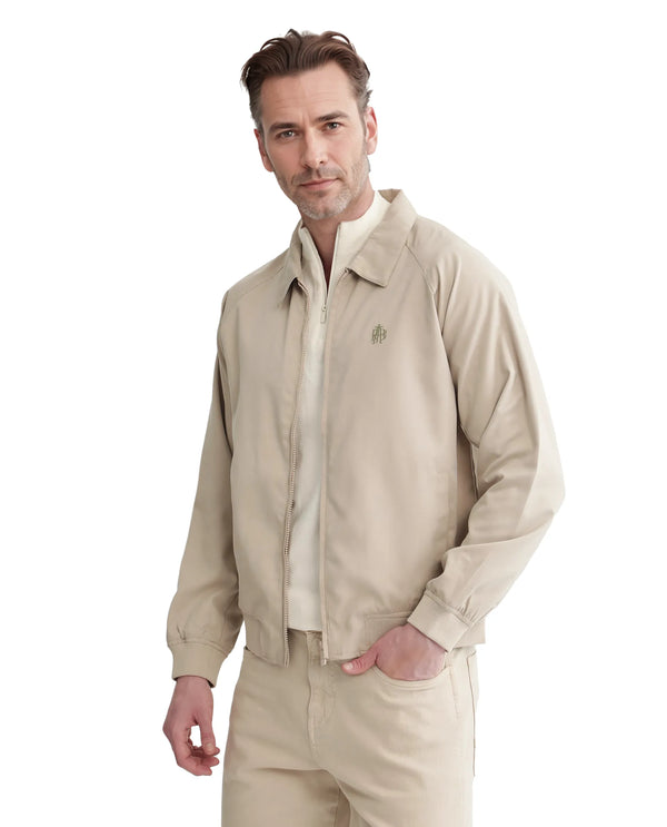 Rare Rabbit Men Clayon Beige Polyester Fabric Full Sleeve Embroidered Logo Spread Collar Solid Jacket