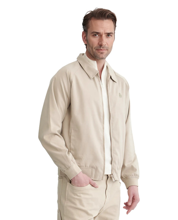 Rare Rabbit Men Clayon Beige Polyester Fabric Full Sleeve Embroidered Logo Spread Collar Solid Jacket