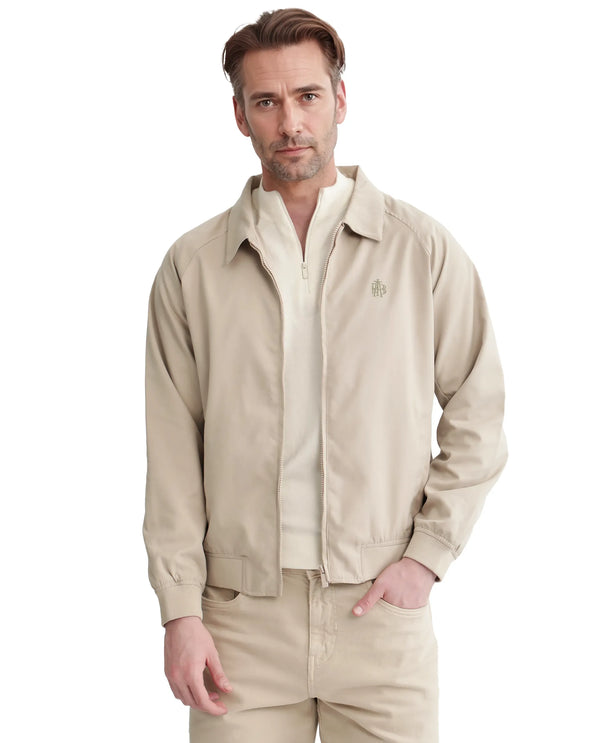 Rare Rabbit Men Clayon Beige Polyester Fabric Full Sleeve Embroidered Logo Spread Collar Solid Jacket
