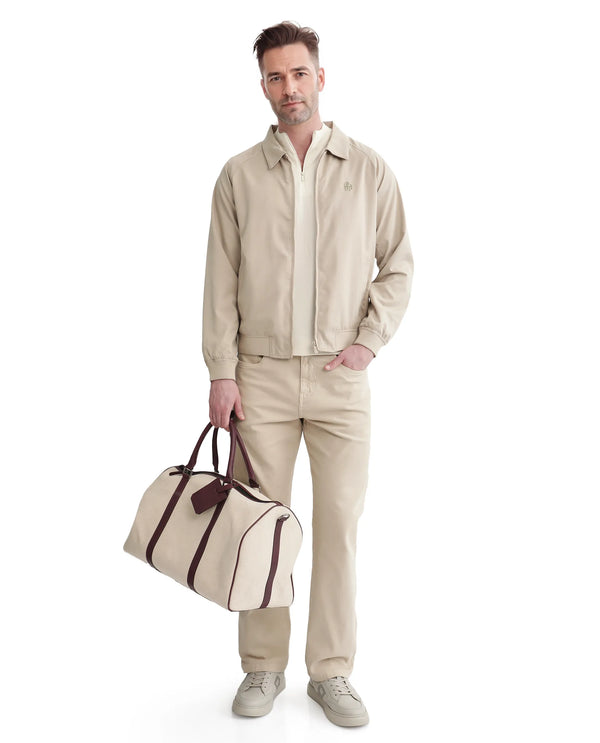 Rare Rabbit Men Clayon Beige Polyester Fabric Full Sleeve Embroidered Logo Spread Collar Solid Jacket