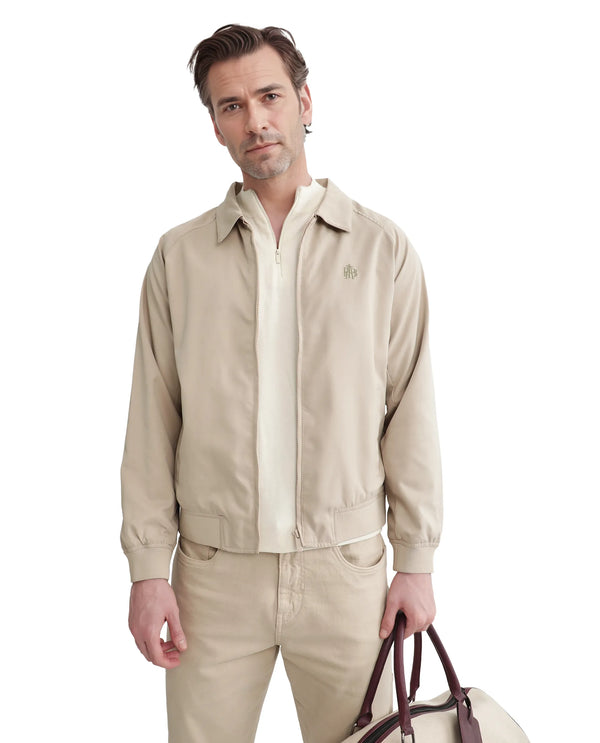 Rare Rabbit Men Clayon Beige Polyester Fabric Full Sleeve Embroidered Logo Spread Collar Solid Jacket
