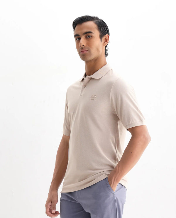 Rare Rabbit Men's Clif Dusky Beige Cotton Fabric Short Sleeves Printed Detailing On Collar Regular Fit Plain Knit Polo T-Shirt
