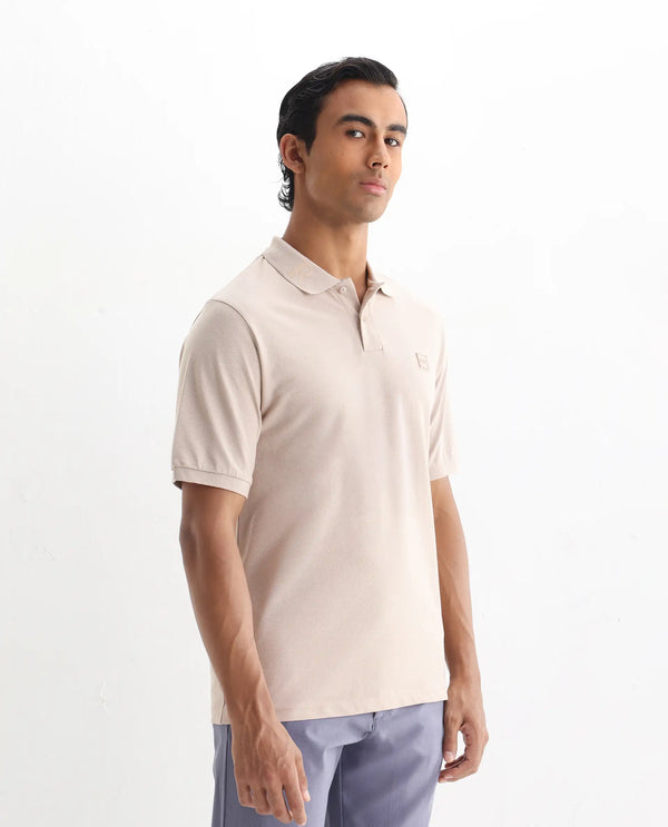Rare Rabbit Men's Clif Dusky Beige Cotton Fabric Short Sleeves Printed Detailing On Collar Regular Fit Plain Knit Polo T-Shirt