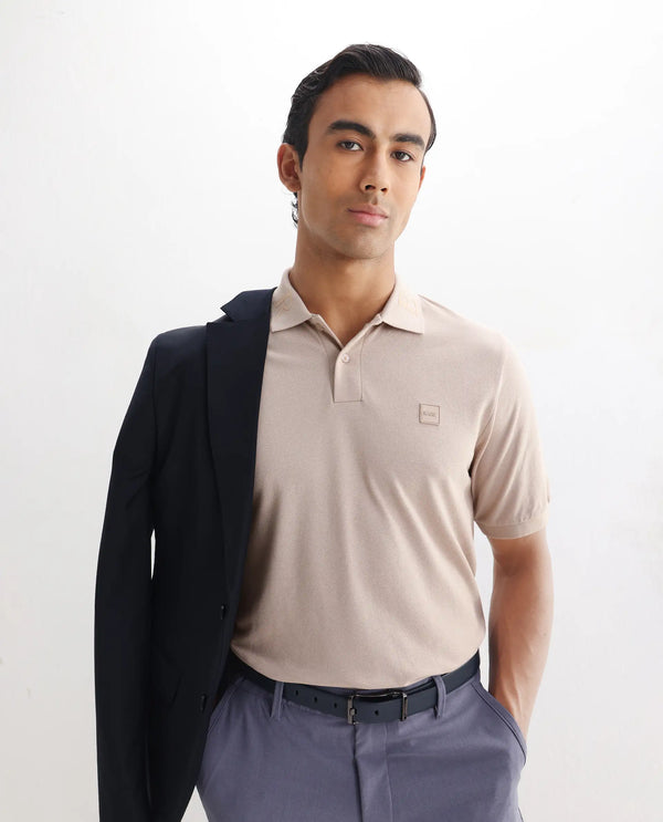 Rare Rabbit Men's Clif Dusky Beige Cotton Fabric Short Sleeves Printed Detailing On Collar Regular Fit Plain Knit Polo T-Shirt