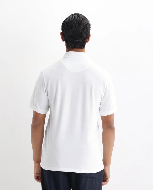 Rare Rabbit Men's Clif White Cotton Fabric Short Sleeves Printed Detailing On Collar Regular Fit Plain Knit Polo T-Shirt
