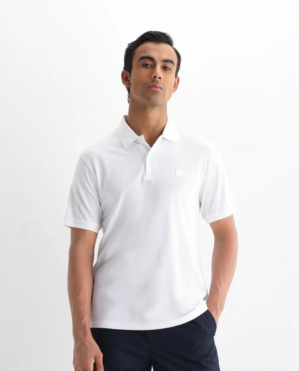 Rare Rabbit Men's Clif White Cotton Fabric Short Sleeves Printed Detailing On Collar Regular Fit Plain Knit Polo T-Shirt