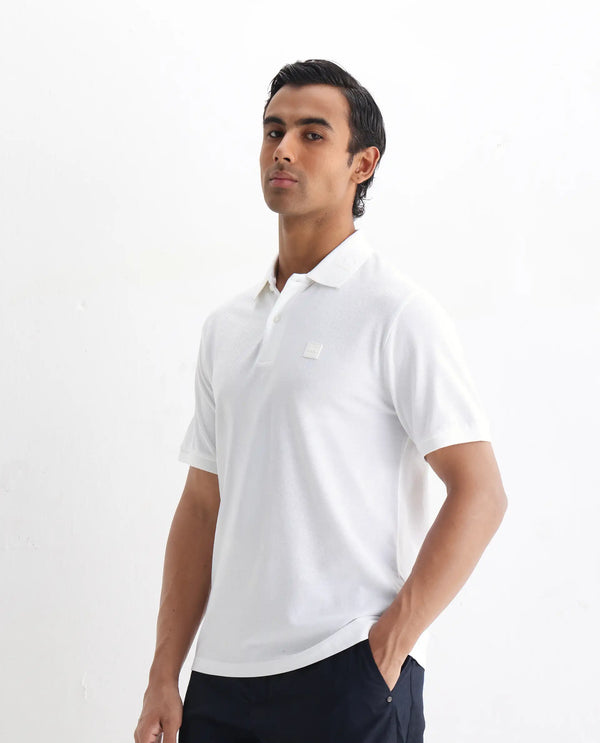 Rare Rabbit Men's Clif White Cotton Fabric Short Sleeves Printed Detailing On Collar Regular Fit Plain Knit Polo T-Shirt