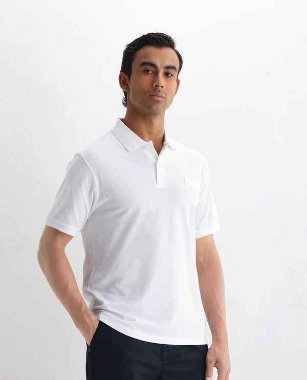 Rare Rabbit Men's Clif White Cotton Fabric Short Sleeves Printed Detailing On Collar Regular Fit Plain Knit Polo T-Shirt