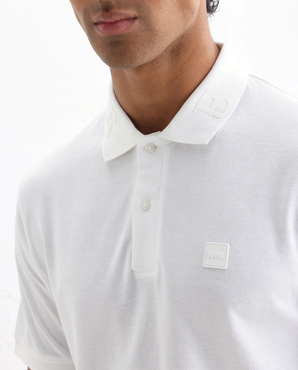 Rare Rabbit Men's Clif White Cotton Fabric Short Sleeves Printed Detailing On Collar Regular Fit Plain Knit Polo T-Shirt