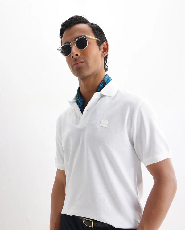 Rare Rabbit Men's Clif White Cotton Fabric Short Sleeves Printed Detailing On Collar Regular Fit Plain Knit Polo T-Shirt