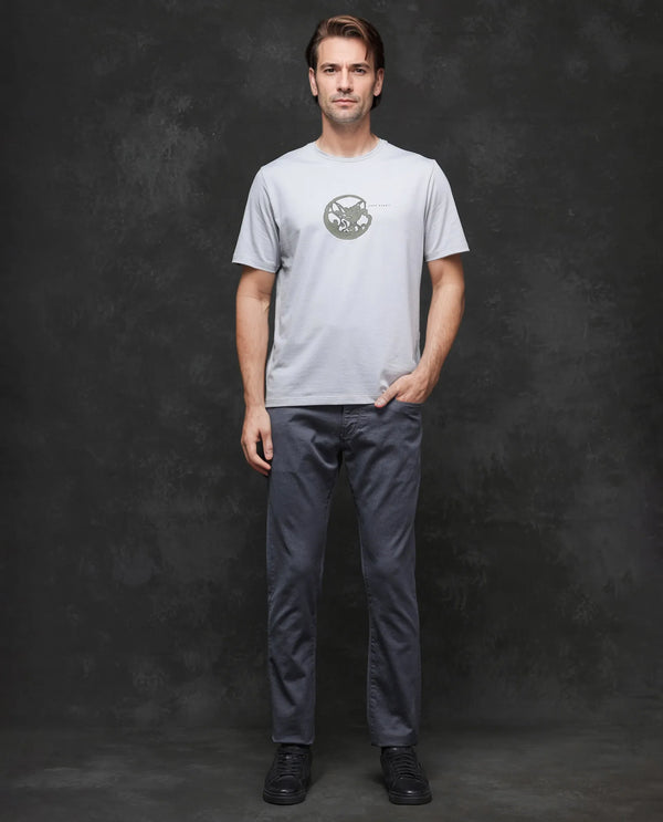Rare Rabbit Men Clod Light Grey Short Sleeve Crew Neck Qlo Fit Logo Print T-Shirt