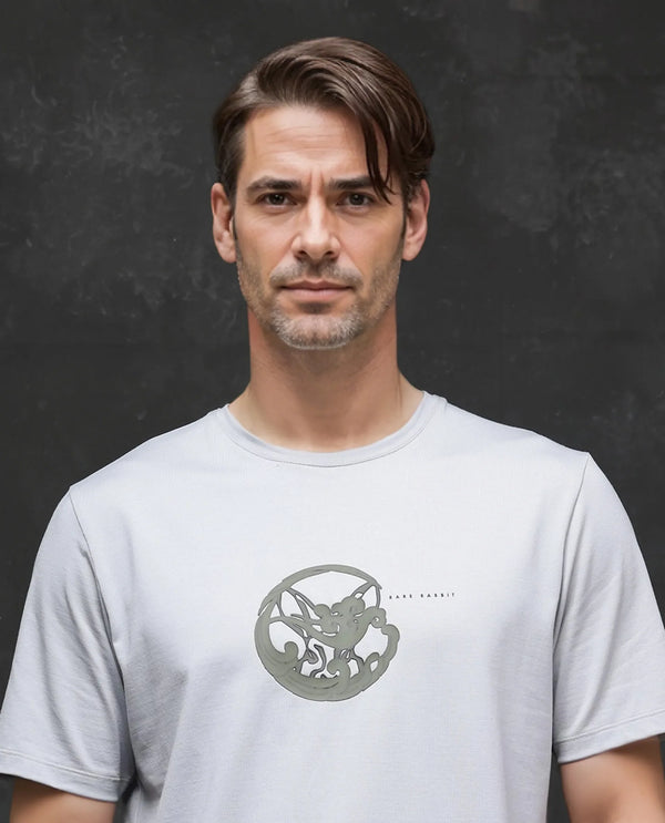 Rare Rabbit Men Clod Light Grey Short Sleeve Crew Neck Qlo Fit Logo Print T-Shirt