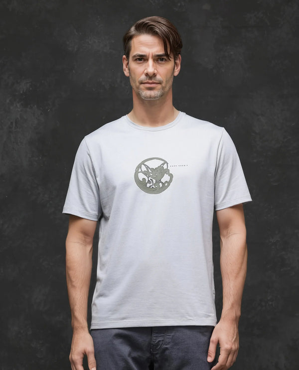 Rare Rabbit Men Clod Light Grey Short Sleeve Crew Neck Qlo Fit Logo Print T-Shirt