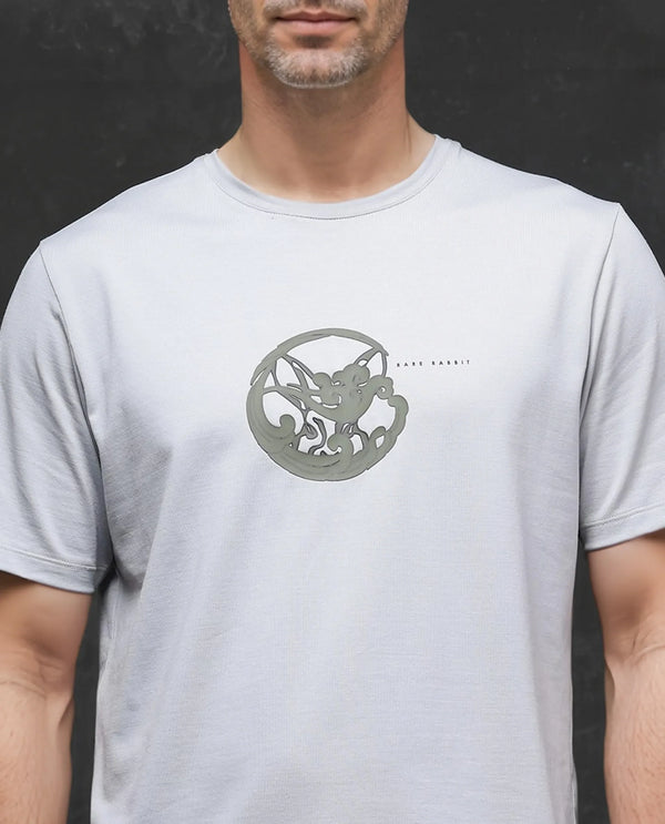 Rare Rabbit Men Clod Light Grey Short Sleeve Crew Neck Qlo Fit Logo Print T-Shirt