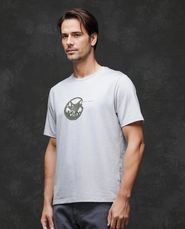 Rare Rabbit Men Clod Light Grey Short Sleeve Crew Neck Qlo Fit Logo Print T-Shirt