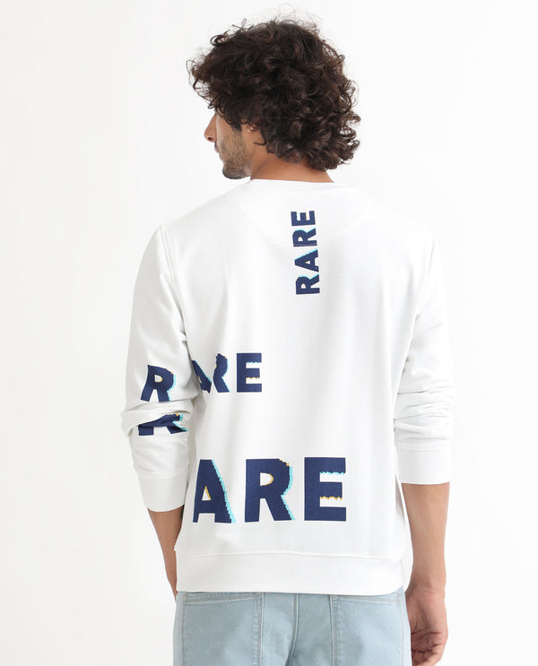 Rare Rabbit Men's Cloviss White Cotton Polyester Fabric Full Sleeves Graphic Statement Print Sweatshirt