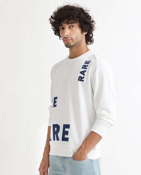 Rare Rabbit Men's Cloviss White Cotton Polyester Fabric Full Sleeves Graphic Statement Print Sweatshirt