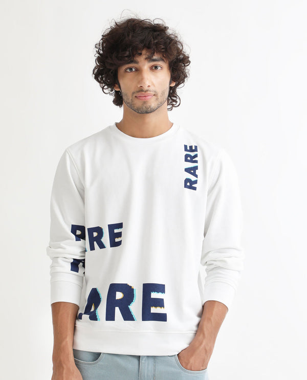 Rare Rabbit Men's Cloviss White Cotton Polyester Fabric Full Sleeves Graphic Statement Print Sweatshirt