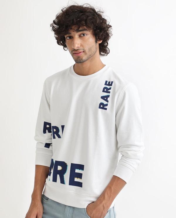 Rare Rabbit Men's Cloviss White Cotton Polyester Fabric Full Sleeves Graphic Statement Print Sweatshirt