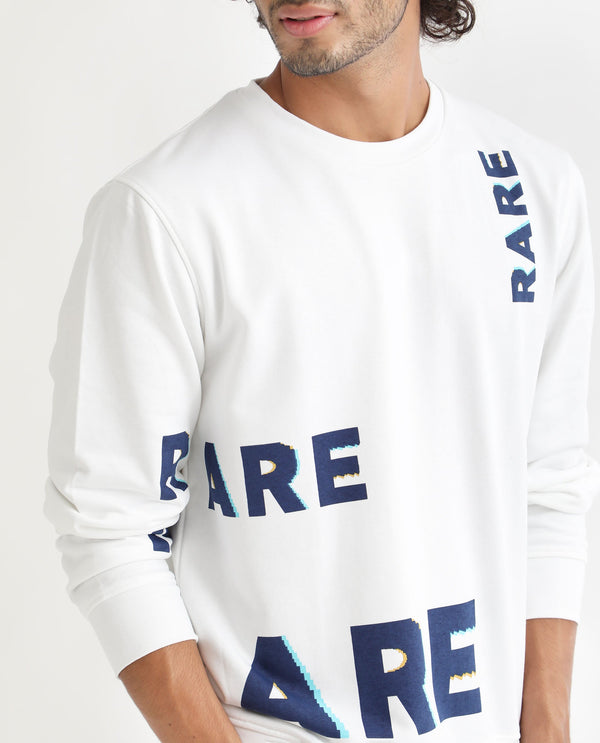 Rare Rabbit Men's Cloviss White Cotton Polyester Fabric Full Sleeves Graphic Statement Print Sweatshirt