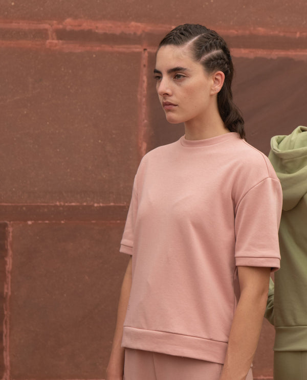 Rareism Women Coco Dusky Pink Cotton Fabric Half Sleeves Relaxed Fit Solid Round Neck Sweat Tee