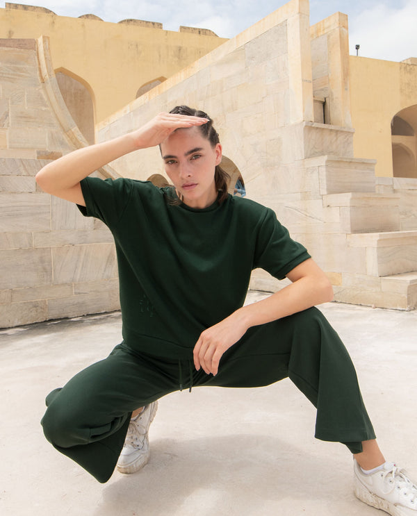 Rareism Women Coco Dark Green Cotton Fabric Half Sleeves Relaxed Fit Solid Round Neck Sweat Tee