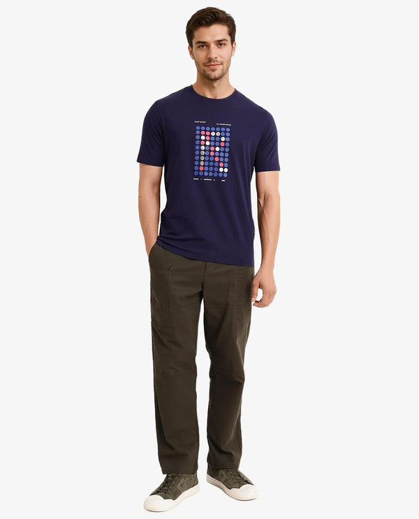 Rare Rabbit Men Colos Navy Cotton Lycra Fabric Short Sleeve Crew Neck Regular Fit Graphic Print T-Shirt