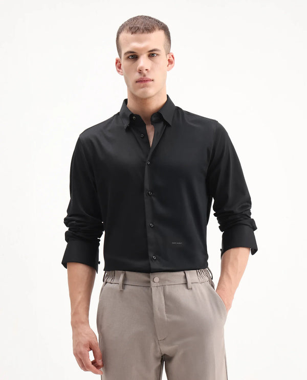 Rare Rabbit Men Como-26 Black Cotton Fabric Full Sleeve Collared Neck Button Closure Satin Shirt
