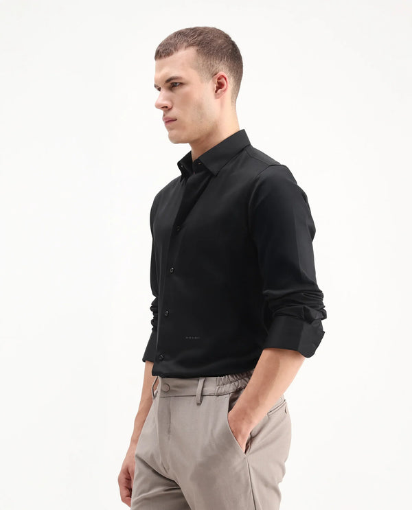 Rare Rabbit Men Como-26 Black Cotton Fabric Full Sleeve Collared Neck Button Closure Satin Shirt