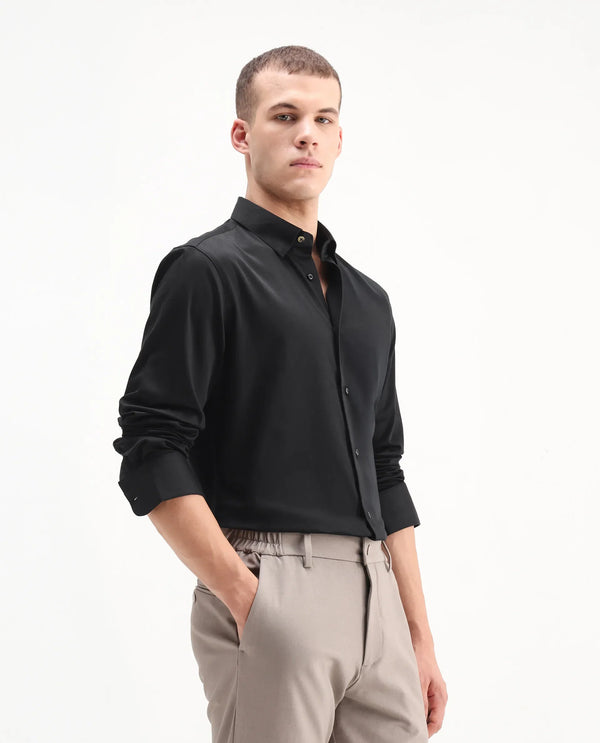 Rare Rabbit Men Como-26 Black Cotton Fabric Full Sleeve Collared Neck Button Closure Satin Shirt