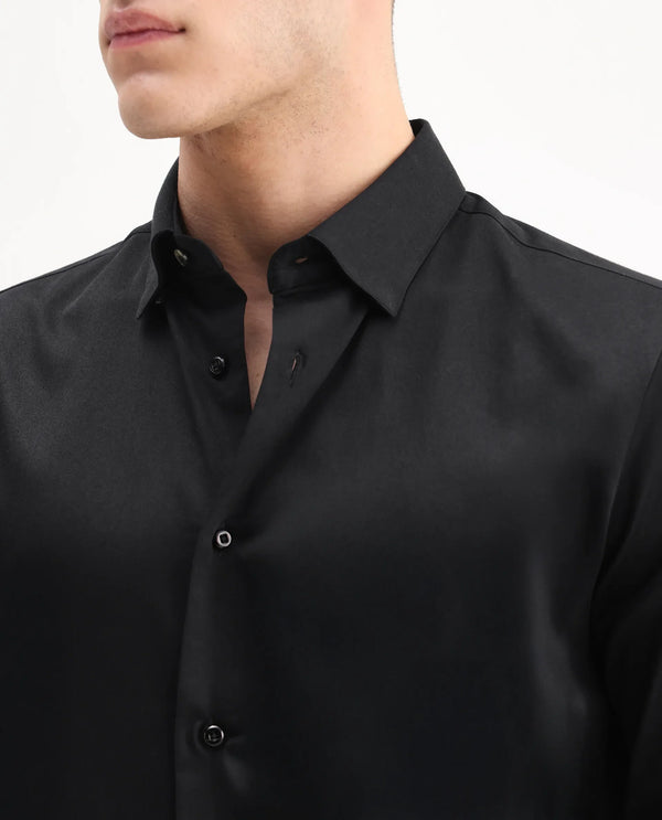 Rare Rabbit Men Como-26 Black Cotton Fabric Full Sleeve Collared Neck Button Closure Satin Shirt