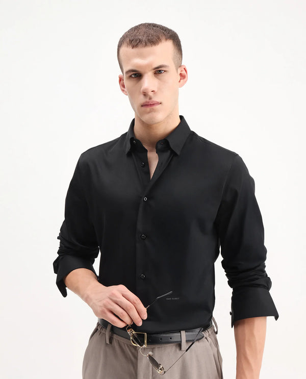Rare Rabbit Men Como-26 Black Cotton Fabric Full Sleeve Collared Neck Button Closure Satin Shirt