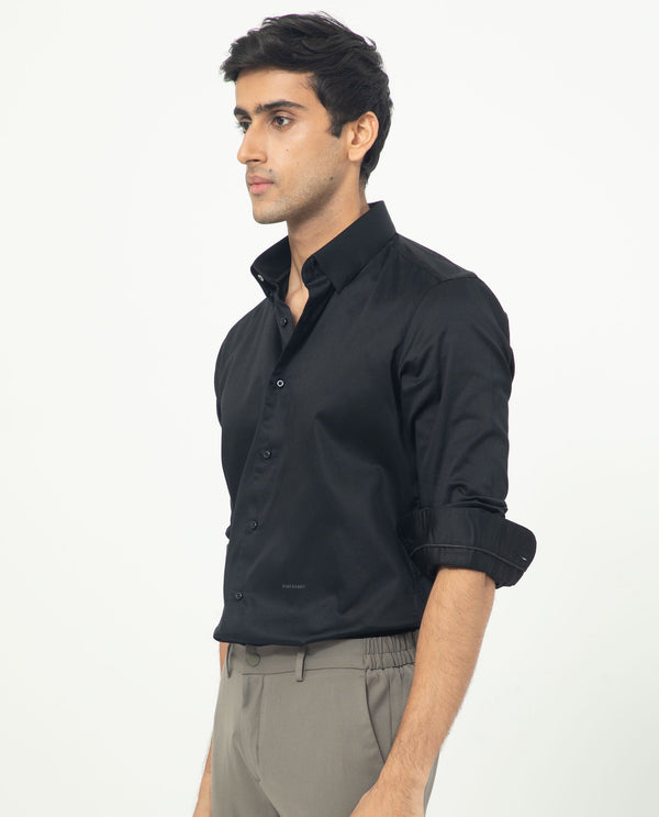 Rare Rabbit Men's Comor Black Satin Fabric Full Sleeves Solid Shirt