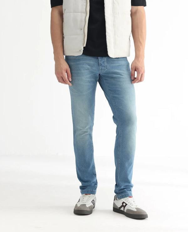 Rare Rabbit Men's Corsica Blue Mid Wash Mid-Rise Slim Fit Jeans