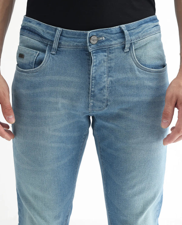 Rare Rabbit Men's Corsica Blue Mid Wash Mid-Rise Slim Fit Jeans