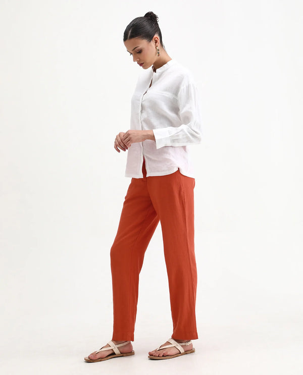 Rareism Women Costa-B Pastel Rust Cotton Linen Fabric Button Closure Regular Fit Plain Ankle Length Tapered Trousers
