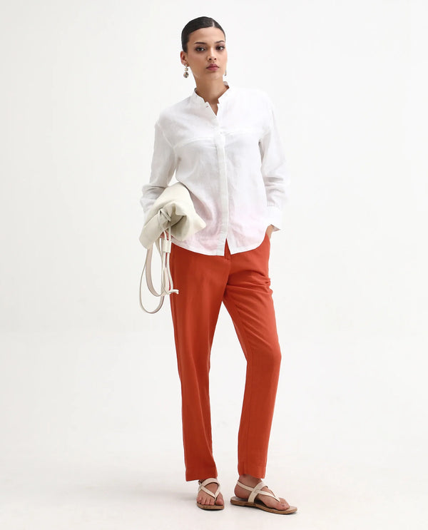 Rareism Women Costa-B Pastel Rust Cotton Linen Fabric Button Closure Regular Fit Plain Ankle Length Tapered Trousers