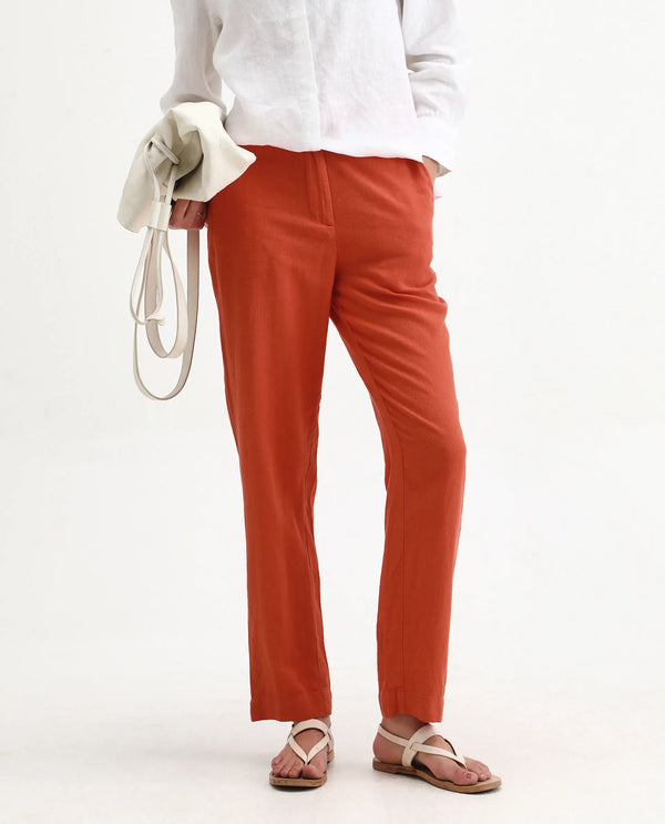 Rareism Women Costa-B Pastel Rust Cotton Linen Fabric Button Closure Regular Fit Plain Ankle Length Tapered Trousers