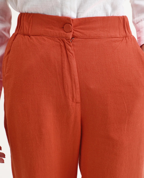 Rareism Women Costa-B Pastel Rust Cotton Linen Fabric Button Closure Regular Fit Plain Ankle Length Tapered Trousers