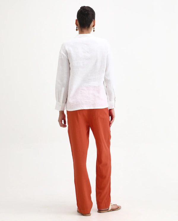 Rareism Women Costa-B Pastel Rust Cotton Linen Fabric Button Closure Regular Fit Plain Ankle Length Tapered Trousers