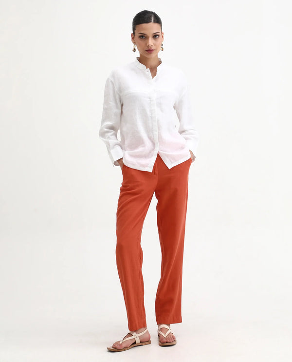 Rareism Women Costa-B Pastel Rust Cotton Linen Fabric Button Closure Regular Fit Plain Ankle Length Tapered Trousers